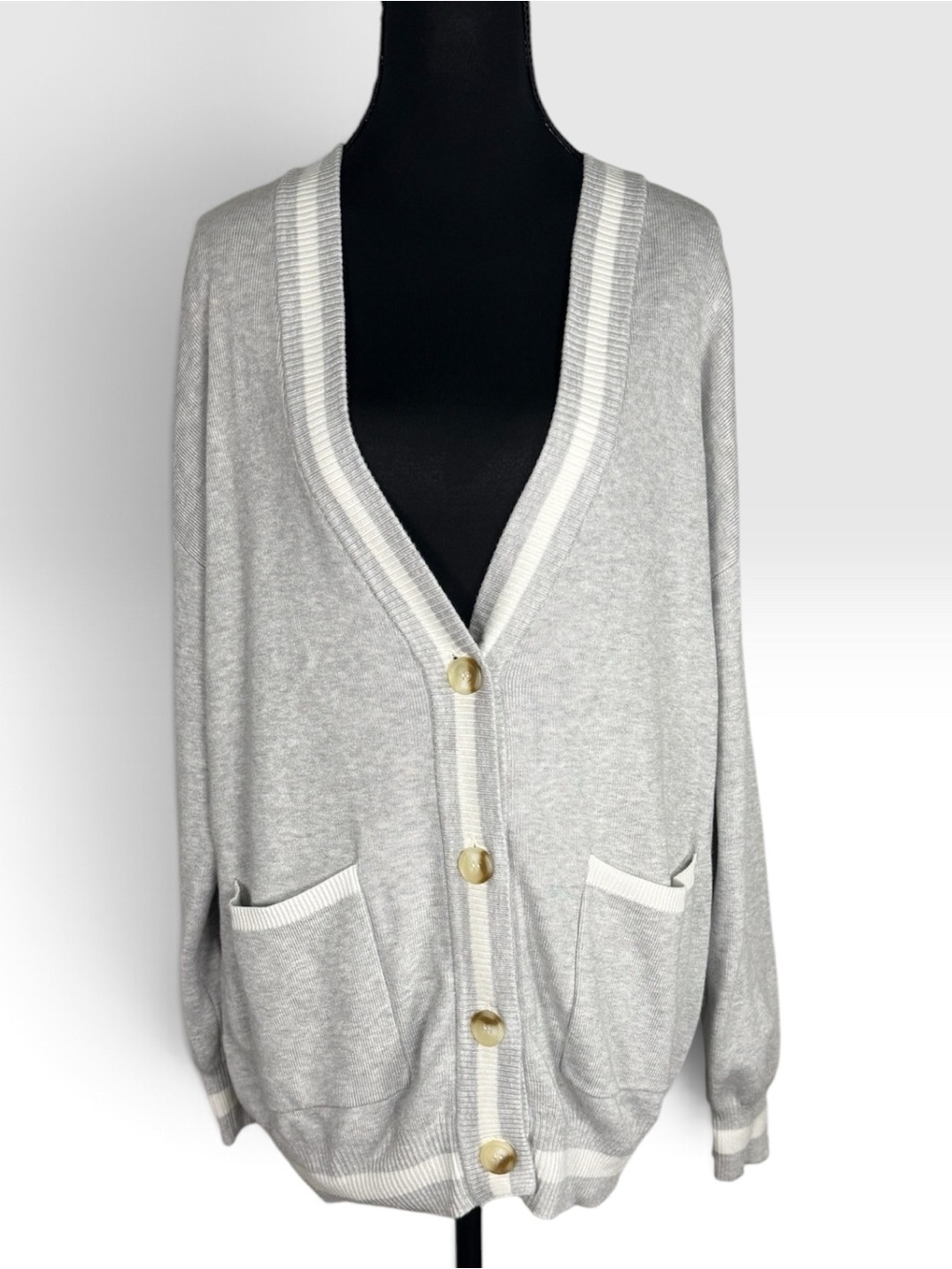 Garage Gray Oversized Grandpa Cardigan Contrast Trim Pockets XS/S